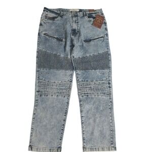 Akademiks Jeanius Bruiser Mens Moto Jeans Light Acid Wash Blue Size 44x32